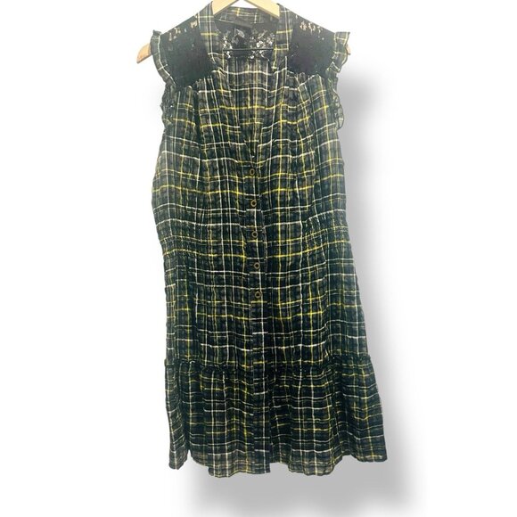Torrid Plaid Button Front Dress Size 18 Black Yellow Lace Ruffle Smocked Waist - Picture 3 of 15